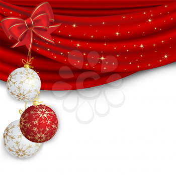 Royalty Free Clipart Image of a Red and White Background With Christmas Ornaments