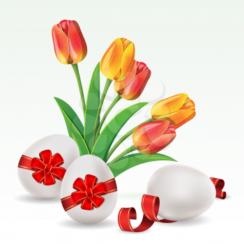 Royalty Free Clipart Image of Tulips and Easter Eggs With Bows