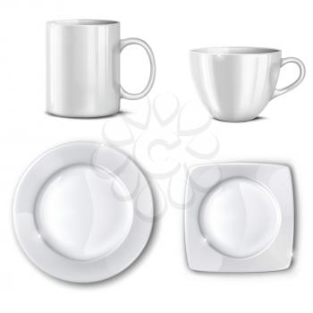 Empty cups and plates on a white background. Mesh.This file contains transparency.