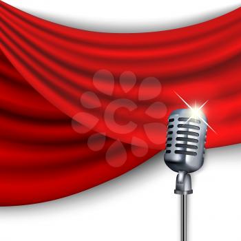Microphone on a background of red curtains. Clipping Mask. Mesh.
