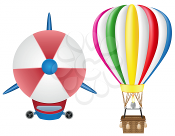 Royalty Free Clipart Image of a Blimp and Hot Air Balloon