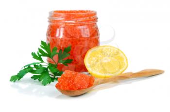 caviar red in a glass jar with lemon and parsley isolated on white background