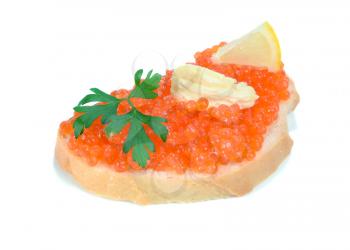 sandwich with red caviar isolated on white background