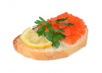 sandwich with red caviar isolated on white background