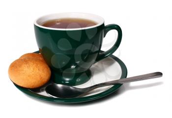 cup of tea and biscuit isolated on white background