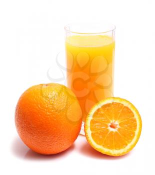 orange and juice in glass isolated on white background
