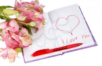 notebook with flowers by a heart and inscription isolated on white background