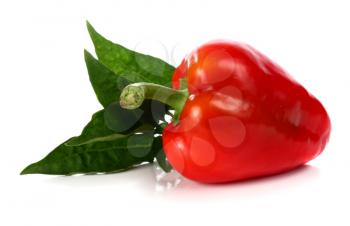 red pepper and green leaf isolated on white background