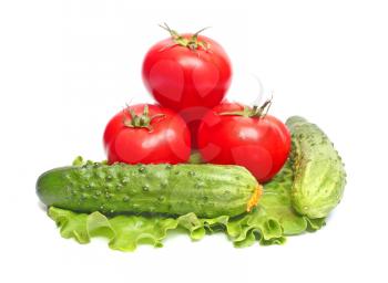 red tomatoes and green cucumbers and lettuce isolated on white background
