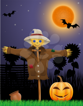 halloween pumpkin and scarecrow in the night sky vector illustration