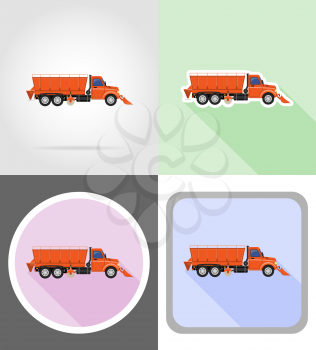 truck clearing snow and sprinkled on the road flat icons vector illustration isolated on background