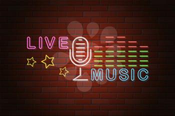 glowing neon signboard live music vector illustration on brick wall background
