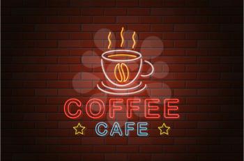 glowing neon signboard coffee cafe vector illustration isolated on white background