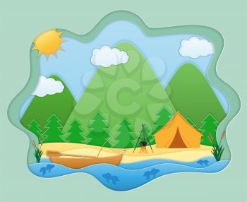 paper cut fishing art banner vector illustration background for you design