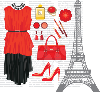 Royalty Free Clipart Image of a Fashion Set and the Eiffel Tower