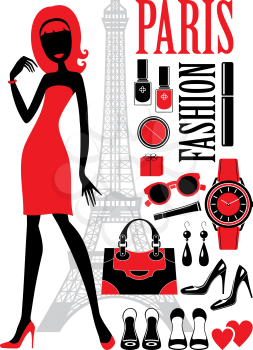 Fashionable set with silhouettes of women, cosmetics and bag