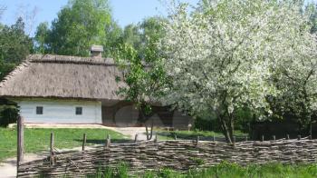 Ukrainian country. Wooden house. Wattled fence.