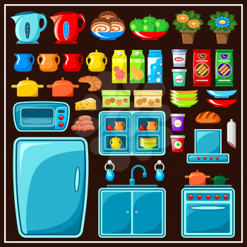 Image of a set of elements of furniture and products for the kitchen room. Vector illustration