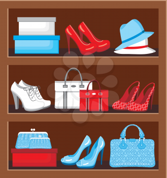Shelf with bags and shoes. vector