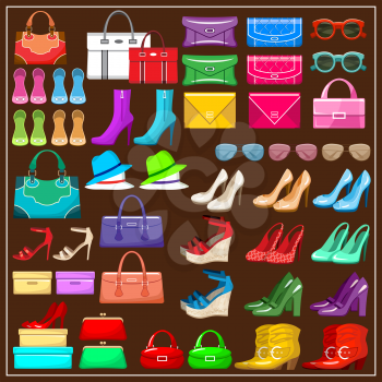Image of a set shoes, handbags and accessories. vector illustration