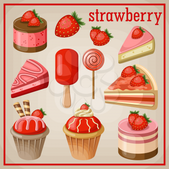 Set of sweets with strawberry. vector illustration
