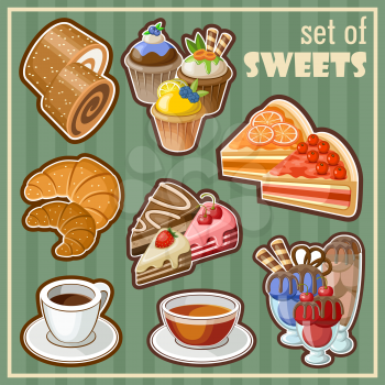 Image of set of vintage icons of different sweets. vector illustration