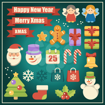 Image of the vector christmas set with santa, snowman and gifts
