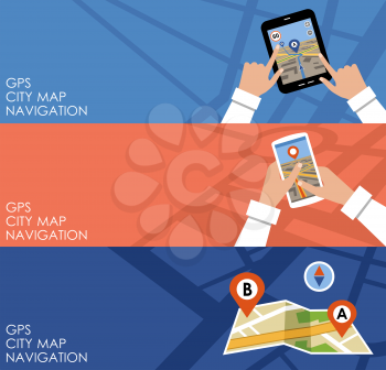 Image of three banners with GPS in flat design style. Navigation. Vector illustration