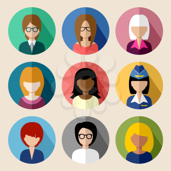 Image of flat round icons with women of different species.  vector illustration