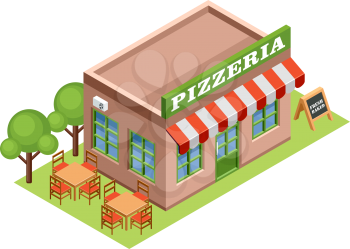 Image isometric pizzeria, standing on the grass. Vector illustration
