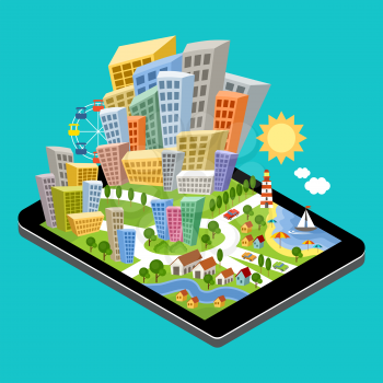 3d isometric city with the specified destination point on the tablet screen. City navigation app. Vector illustration