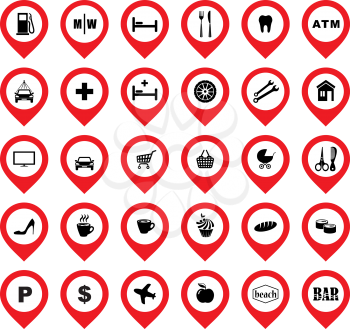 Set of red map pointers on the white background. Location Icons. Vector illustration
