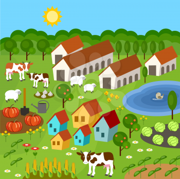 Big set of rural farmer elements. Fields, animals, plants. Subjects can be used for games. Vector illustration