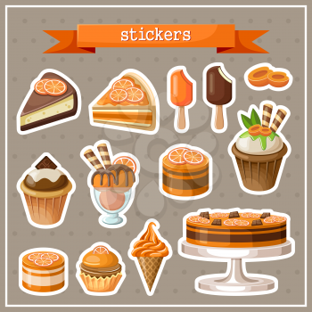 Set of stickers with sweets, cakes, ice cream and cupcakes. Brown background. Vector illustration.