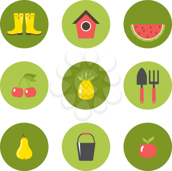 Set of round garden icons. Fruit, vegetables, harvest. Stickers. Vector