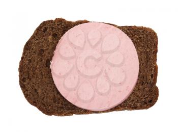 rye bread and sausage on a white background
