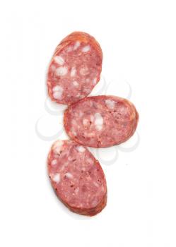 Three pieces of the sausage on white background 