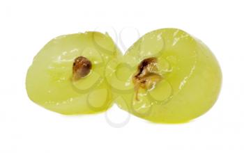 Translucent slice of green grape fruit, macro isolated on white 