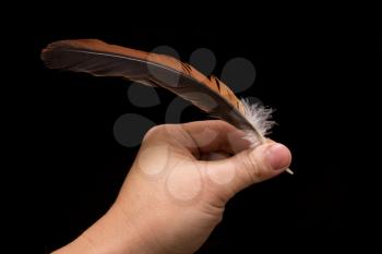 hand with a pen on a black background