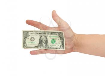 A man's hand holding a one dollar bill. 