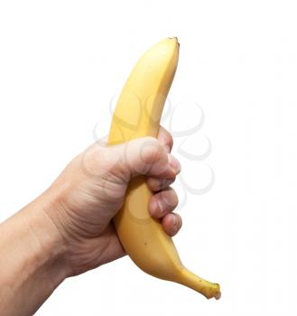 a banana in his hand on a white background