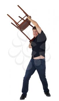 man throws a chair on a white background