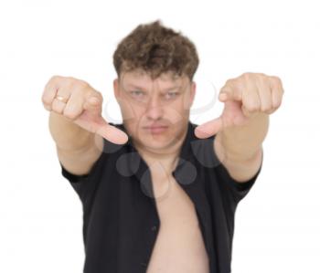 man shows his finger on a white background