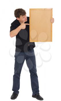 a man with a wooden plank on white background