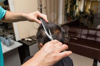 Fashionable men's haircut in a beauty salon .