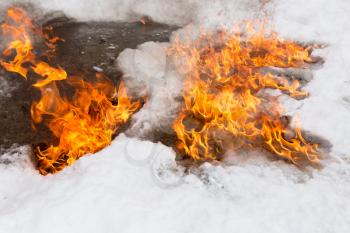 fiery flame on the white snow in winter .