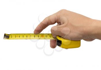 Hand with measuring tool - completely isolated on white