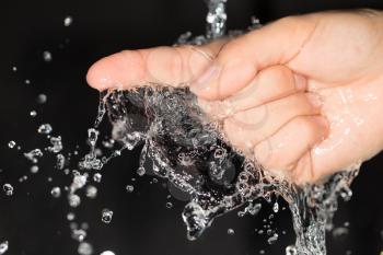 Hand in water on a black background