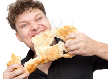 man eats bread on a white background