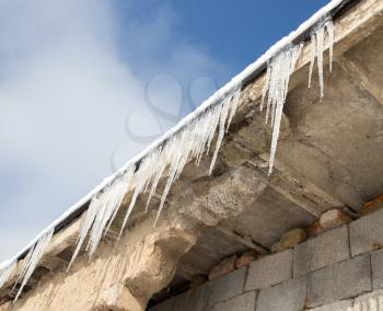 Large icicles hanging on the roof of the house in springtime